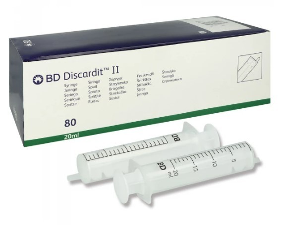 BD Discardit™ II 2-teilige Spritze, 20 ml, Luer, exzentrisch, unterteilt in 1 ml (80 Stck) , latexfrei, PVC-frei, pyrogenfrei