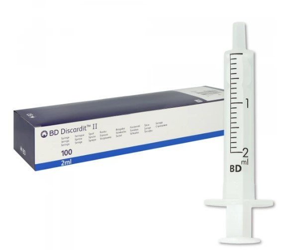 BD Discardit™ II 2-teilige Spritze, 2 ml, Luer, zentrisch, unterteilt in 0,1 ml (100 Stck) , latexfrei, PVC-frei, pyrogenfrei