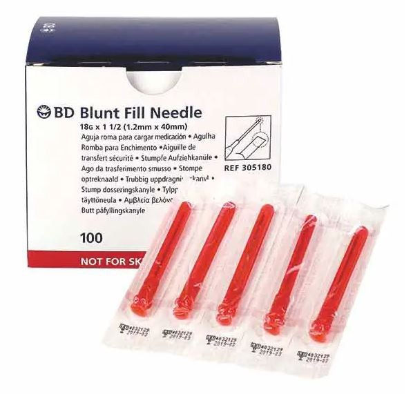 BD™ Blunt Fill ohne Filter, 18 G 1 1/2, 1,2 x 40 mm, Kappe rot, st. Schliff 45° (100 Stck) , gamma-steril, latexfrei, PVC-frei