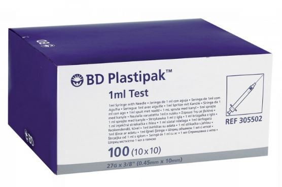 BD Plastipak™ Test kleinvol., 1 ml, 0,01 ml Grad., 27 G 3/8, 0,40 x 10 mm, gr. Kappe (100 Stck) , Zylind. & Kolben: PP, sep. Kurzschliffkan.