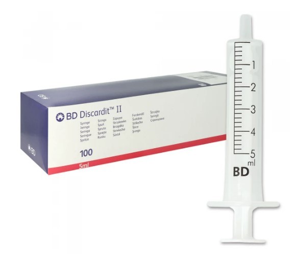 BD Discardit™ II 2-teilige Spritze, 5 ml, Luer, exzentrisch, unterteilt in 0,2 ml (100 Stck) , latexfrei, PVC-frei, pyrogenfrei