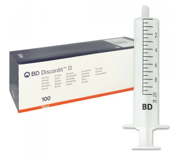 BD Discardit™ II 2-teilige Spritze, 10 ml, Luer, exzentrisch, unterteilt in 0,5 ml (100 Stck) , latexfrei, PVC-frei, pyrogenfrei