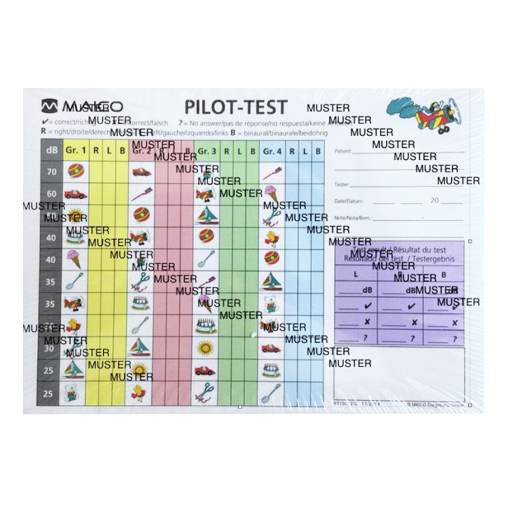 Auswerteblock MAICO Piloten-Hörtest (5 Blöcke) mit bunten Bildern 70 - 25dB, Rückseite Tonaudio