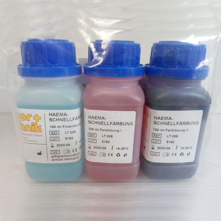 DiffQuick Schnellfärbesatz (3x100 / 3x500 ml) - jeweils Fixierlösung, Färbelösungen I & II