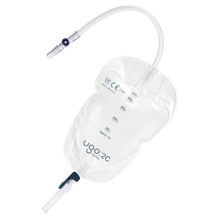 Ugo 2C, Beinbeutel 500ml, 25cm, Schwenkh (10 Stck) steril, Schlauch 25 cm, mit Textilbeschichtung