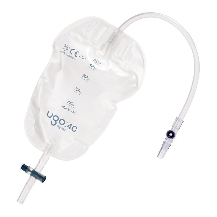 Ugo 4C, Beinbeutel 500ml, 25cm, Eckhahn (10 Stck) steril, Schlauch 25 cm , mit Textilbeschichtung