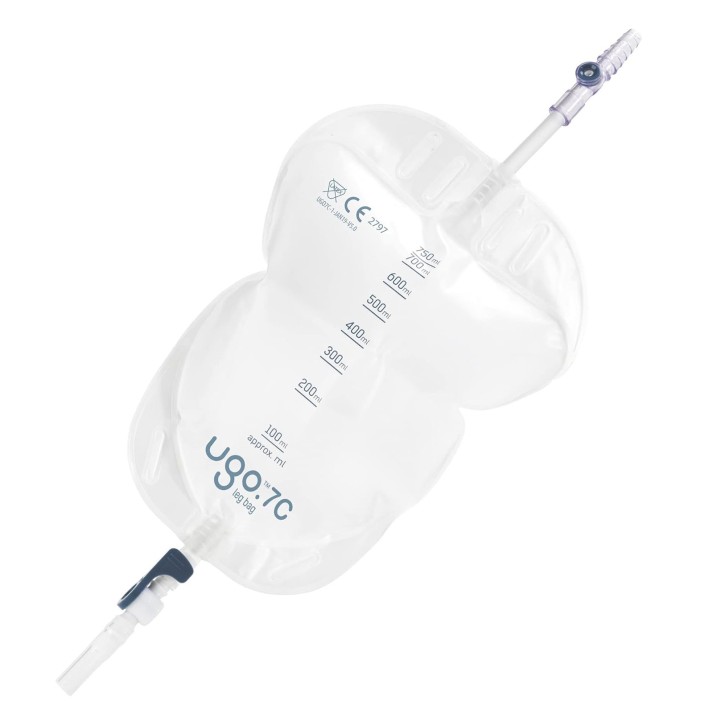 Ugo 7C, Beinbeutel 750 ml, 5cm, Schwenkh (10 Stck) steril, Schlauch 5 cm, mit Textilbeschichtung
