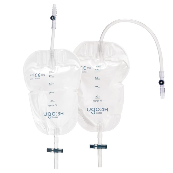 Ugo Serie H Beinbeutel 500ml, Eckhahn (10 Stck) steril, ohne Textilbeschichtung, mit Haltebändern