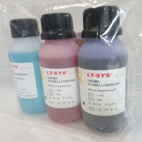 DiffQuick Schnellfärbesatz (3x100 / 3x500 ml) - jeweils Fixierlösung, Färbelösungen I & II